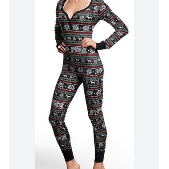 PINK Victoria's Secret Other - PINK Victoria’s Secret Black Fair Isle Long Jane Thermal One Piece Pajama size S